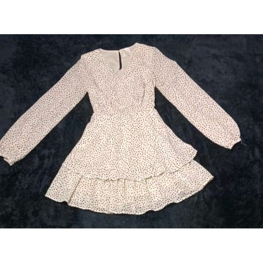 Japna Puffed Sleeve Ruffled Wrap Mini Dress S Cream Poka Dot Cottagecore Boho